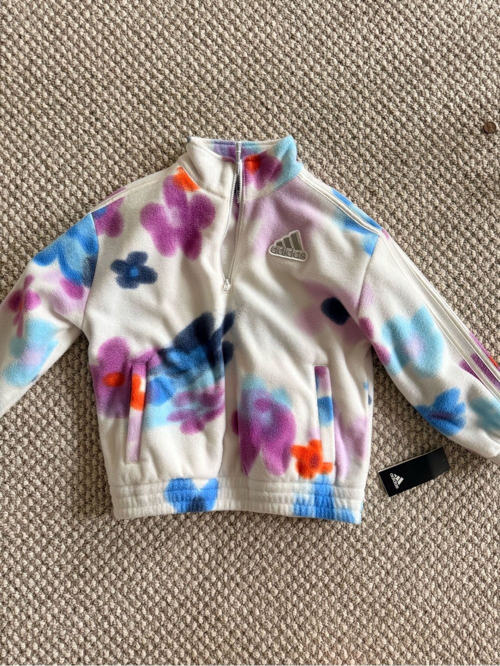 adidas White Fleece Quarter-Zip Top with Multicolor Floral Print